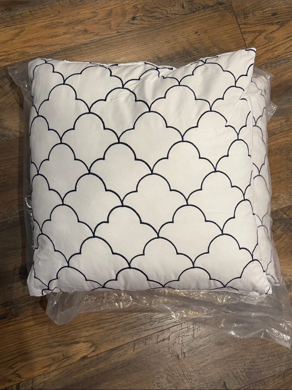 White Decorative Throw Pillow with Black Scallop Embroidery
